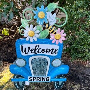 Blue Metal Lawn Sign Car Welcome Spring with Flowers 24" NWT
